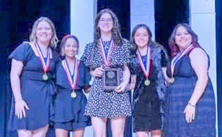 Wellington High School’s “Little Women” crew accepts the Best Overall Crew Award following the Wednesday, March 11 District 2-2A One Act Play Competition. From left: Rylyn Colson, Kobee Lewis, Autumn Shatswell, Ingrid Granadoz, Anna Granadoz. Wellington High School