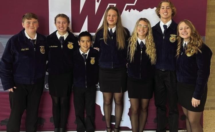 The Wellington Opening and Closing Ceremonies team, consisting of seven freshmen, competed at the Area 1 FFA Leadership Development Events (LDEs) competition Saturday, Nov. 18 at West Texas A&amp;M University, located in Canyon. Coached by Wellington FFA Adviser Drew Taylor, the young team took sixth place. From left: Jace Darrow, Elli Ouellette, Dahmian Salinas, Ellie Thomas, Maggie Tillman, Jake Chandler, Allie Duncan. Courtesy Photo