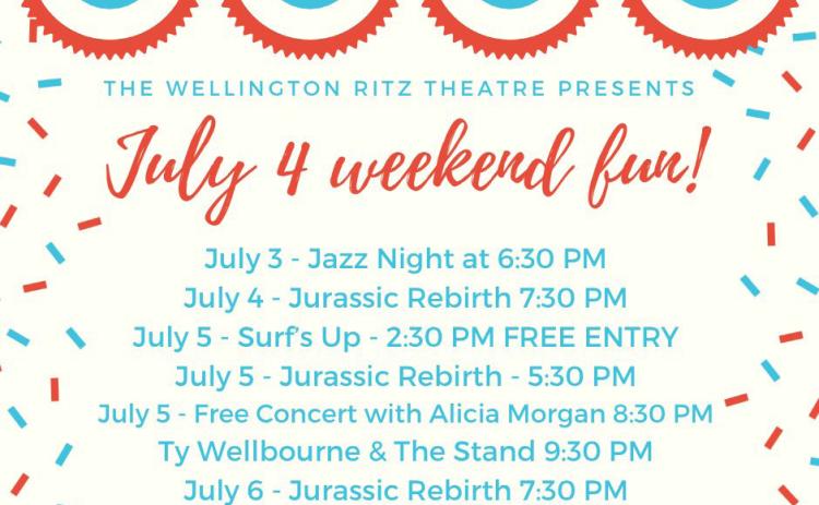 The historic Wellington Ritz Theatre prepares a weekend of fun events, kicking off with Jazz Night on Thursday, July 3 and ending with the showing of “Jurassic World Rebirth” on Sunday, July 6. Wellington Ritz Theatre