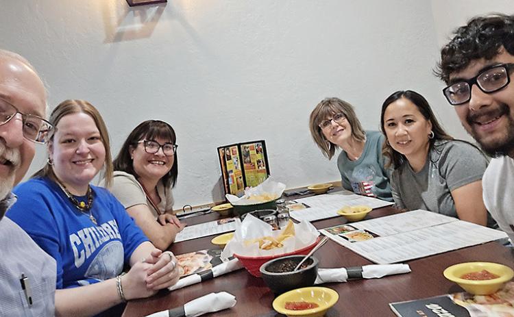 Intrepid Managing Editor Elizabeth Tanner (second from left) was honored by her co-workers with a farewell lunch last Thursday. Tanner started a new job this week with IREN Energy after six years with The Red River Sun and The Greenbelt Intrepid, and we wish her the best on her new adventure. Also shown here are Publisher Roger Estlack, Ad Manager Tara Allred, Associate Editor Bev Odom, Reporter Shauna Salinas, and Circulation Director Synghyn Beasley-Vasquez. INTREPID PHOTO