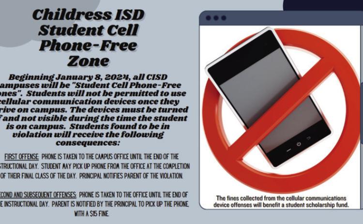 Beginning Monday, Jan. 8, all Childress Independent School District (ISD) campuses will be “student cellphone-free zones,” areas where the use of student cellphones will be prohibited. Graphic Courtesy of Childress ISD
