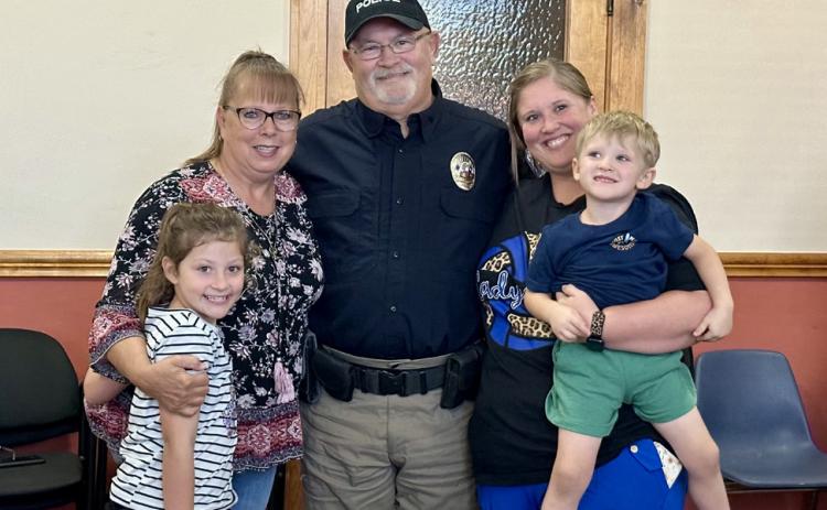 The City of Childress City Council welcomes Childress Police Department School Resource Officer Ronnie Bentley Monday, Oct. 20. From left: Kristine Bradley, Florine Bentley, R. Bentley, Kalin Bradley, Kellen Bradley. The Red River Sun/Elizabeth Tanner