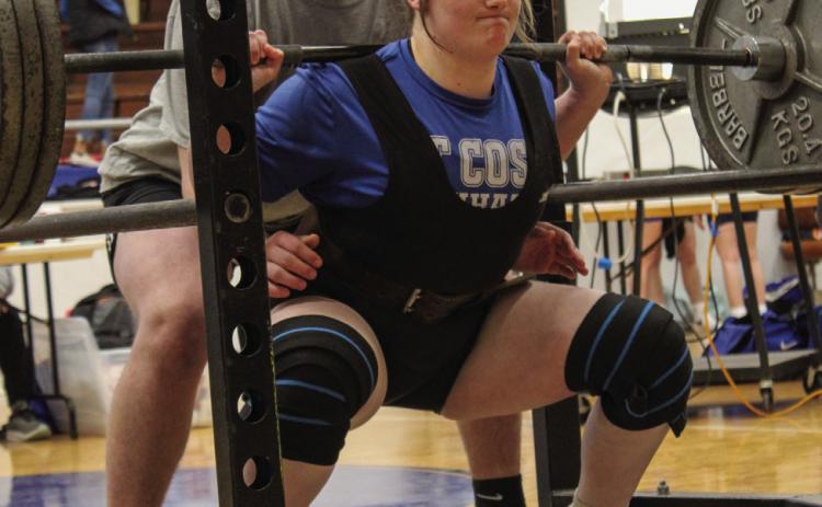 Childress’ Kaidie Hackler takes gold in weight class 198 with a total of 915 pounds, squatting 345 pounds, benching 225 pounds and deadlifting 345 pounds at the recent Childress Girls Powerlifting Invitational. The Red River Sun/Elizabeth Tanner