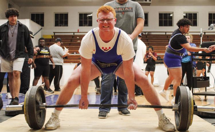 Childress’ Ethan Ferguson deadlifts 435 pounds, rounding out his 1,175-pound total and winning weight class 242 at the Childress High School Boys Powerlifting Invitational Thursday, Feb. 2. The Red River Sun/Elizabeth Tanner