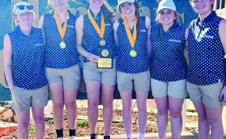 The Memphis Lady Cyclones cap a first-place team finish at the Memphis Golf Invitational Tuesday, Feb. 28 at the Memphis Country Club. Individually, Maggie Cook finished first, followed by Braylee Brooks in second place and Katelyn Morris in third place. Photo Courtesy of Memphis ISD