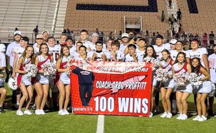 Not only did Wellington take a 57–15 season opening victory against Alpine on Friday night, Aug. 29 in Snyder, but Wellington Athletic Director and Head Football Coach Greg Proffitt earned his 100th career win. Skyrocket nation and his family celebrate the occasion. Wellington High School
