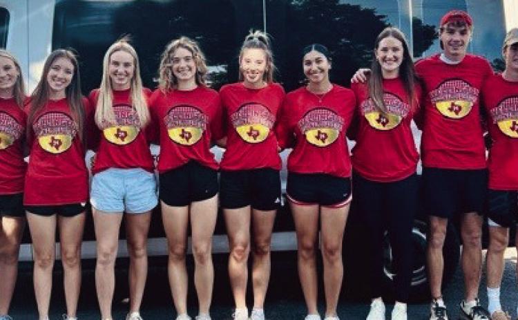 Under the leadership of Coach Amy Inman, 10 Lady Rockets and Skyrockets began competition Wednesday, May 8 at the regional tennis tournament in Amarillo. From left: Inman, Oakley Folk, Brynlee Phillips, Presley Kane, Madeleine Kane, Charley Wilbur, Abby Garcia, Audrey Jones, Nixon Folk, Carson Tarver, Travon Lewis.