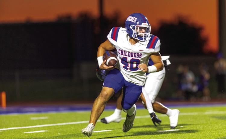 Childress’ Colton Teichelman (40) puts up yards for the Bobcats Friday, Sept. 27 on Veterans Field in Wichita Falls. The Local Texas/Nicole Dill