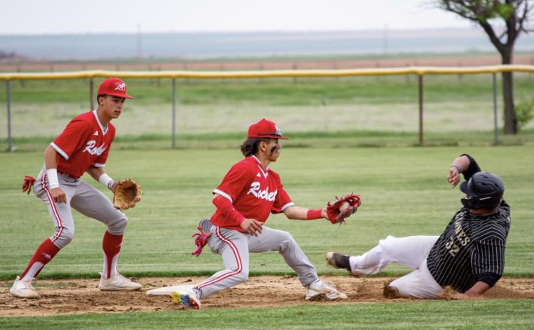 Senior Skyrocket pitcher TJ Salinas, alongside teammate Major Brown, gets the out at third base against the Memphis Cyclones for the district win. Salinas has been selected to play in the 2025 Native American All-Star Baseball Showcase, presented by the Native American Athletic Foundation in partnership with the Atlanta Braves. The Red River Sun/Shauna Salinas