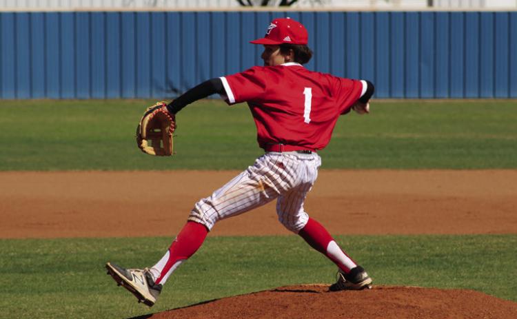Skyrocket Major Brown (1) pitches to Sanford-Fritch during the Childress Tournament. The Rockets fell 16-0 to the Eagles. Coutesy Photo