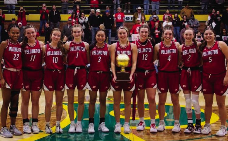 The Wellington Lady Rockets claim the 2A Division 1 UIL Bi-District Basketball Championship, upsetting the No. 12 state-ranked Stratford Lady Elks in an overtime 6966 final on Monday evening, Feb. 10 at Pampa High School. From left: Angela Lewis, Ceighley Killian, Brynlee Phillips, Kambrie Fisher, Leslie Rodriguez, Harlee Gomez, Brynlee Proffitt, Treylea Wiebe, Taytum Kane and Eryn Torrez. Not pictured: Coaches Shannon Fisher and Savannah Henderson. HZW Media