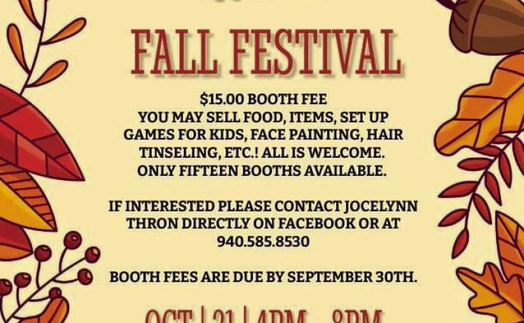 Sweet Ice O’ Mine will host a Fall Festival from 4-8 p.m. Saturday, Oct. 21 in downtown Childress. Currently, 15 booth spaces are available. To reserve a booth, contact Jocelynn Thron at 940-585-8350 or on Facebook. Booths, which are $15, must be registered and paid by Saturday, Sept. 30. Graphic Courtesy of Sweet Ice O’ Mine