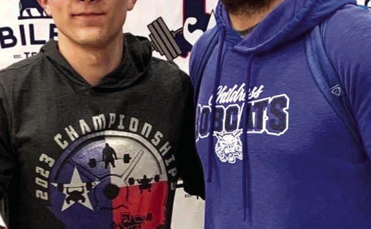 Junior Hicks, left, rounds out his junior season of powerlifting at the Texas High School Powerlifting Association (THSPA) Division 3 State Championship Friday, March 24. Hicks is coached by Matthew Olson, right. Courtesy Photo