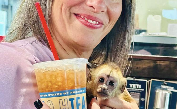 Furry friends of all kinds – even monkeys – are invited to HTeaO in Childress, as proved by one special customer Friday, Aug. 14. “When we say we’re pet friendly, we mean it,” HTeaO General Manager Olivia Wedel said. “We’re always happy to see our furry, feathery, or scaly friends.” COURTESY PHOTO / OLIVIA WEDEL