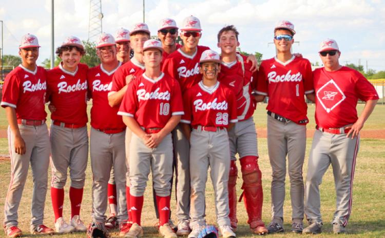 The Wellington Skyrockets notch another district win, celebrating a 13-0 shutout over the Quanah Indians Friday, April 10. Front row, from left: Colton Jernigan, Dahmian Salinas. Back row, from left: Alex Orozco, Easton Wischkaemper, Hunter Hedrick, Lawson Inman, Jax Heflin, Assistant Coach Greg Proffitt, Leo Granadoz, Cix Killian, Major Brown, Coach Jeff Anderson. SHAUNA SALINAS/THE RED RIVER SUN
