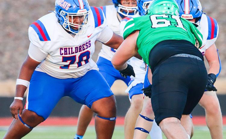 Childress’ Ayan Bhakta blocks Iowa Park Hawks during the Bobcats’ fall Friday, Sept. 4 at Hawk Stadium. CHILDRESS HIGH SCHOOL YEARBOOK