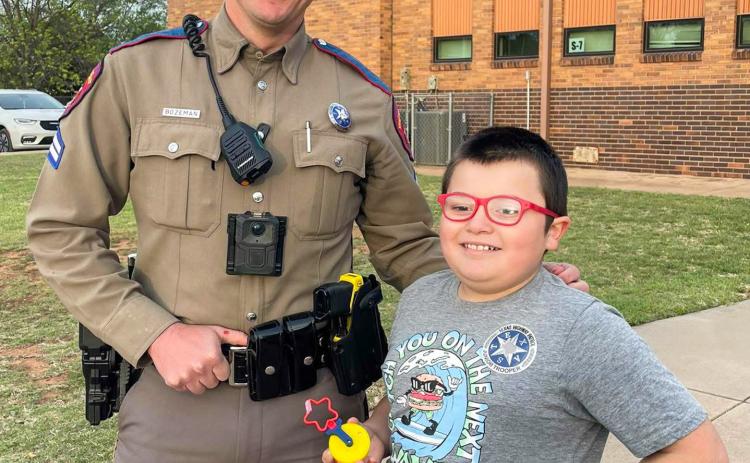 Texas Department of Public Safety Trooper Nathan Bozeman stops by Childress Elementary School (CES) Tuesday, April 7. “We appreciate all of our law enforcement that come by,” CES Principal Tracey Blake said. “We love seeing the relationships with our students.” Childress Elementary School