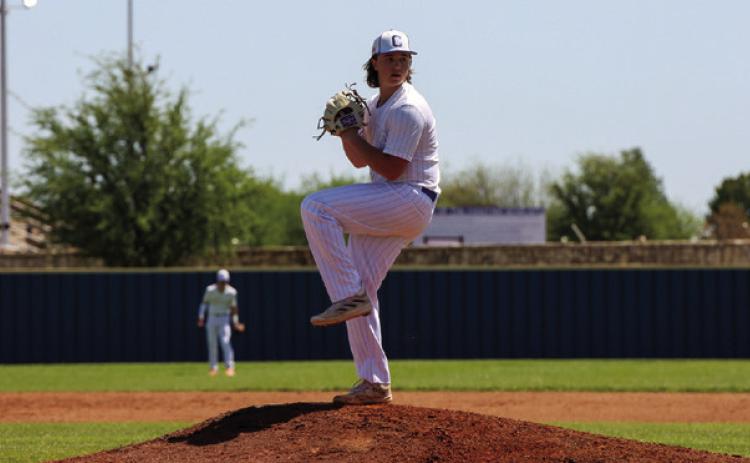 Childress Sawyer Dunlap pitches against the Shallowater Mustangs Saturday, April 13. Childress High School Yearbook Staff/Ayelan Green