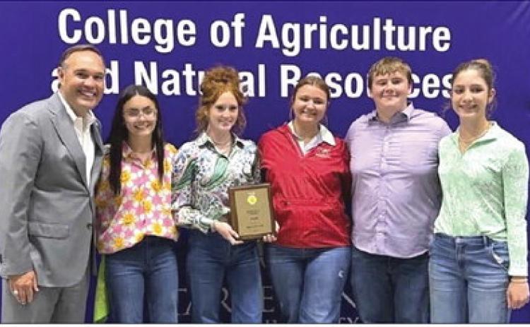 Wellington Future Farmers of America (FFA) Land Judging qualifies for the state Land Judging contest Wednesday, April 8 at the Area 1 Judging Contest at Tarleton State University (TSU) in Stephenville. From left: TSU President, Dr. James L. Hurley; Sophia Derr, second high individual; Bailey Page, sixth high individual; Jacy Lampe; Jace Darrow; Anna Henard. COURTESY PHOTO