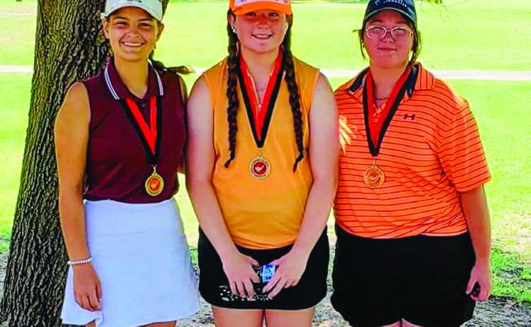 High school girls, from left: Jera Pinckard, Clarendon, first place; Neely Davis, Shamrock, second place; Kiera McGill, Altus, Okla., third place. Not pictured: Lillie Ollinger, Memphis, fourth place. Photos Courtesy of Greenbelt Jr. Golf Association
