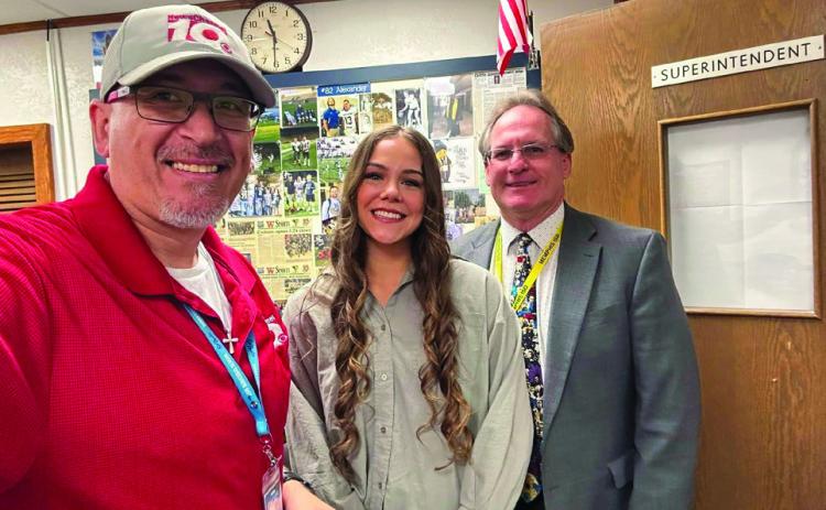 News Channel 10’s Ruben on the Road, left, meets with Memphis High School senior Macaela Graham, who recently graduated from Clarendon College, as well as Memphis Independent School District (ISD) Superintendent William Alexander. Photo by Ruben on the Road
