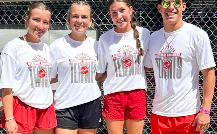 The girls’ doubles team of cousins Bryn Phillips and Oakley Folk and the mixed doubles team of Anna Dwyer and Noah Cantu compete at the UIL Region 1 Tournament Monday, April 20 in Amarillo. COURTESY PHOTO