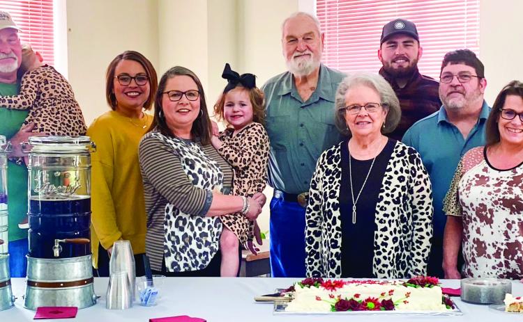 Marilyn Davis’ family gathers with her during the retirement reception in her honor on Wednesday, Dec. 28 upstairs in the Collingsworth County Courthouse. From left: Tim Harris, Addison Jones, Rhae Jones, Gina Harris, Kollins Jones, Eddie Davis, Davis, Royce Harris, Dell and Cristin Davis. Courtesy Photos