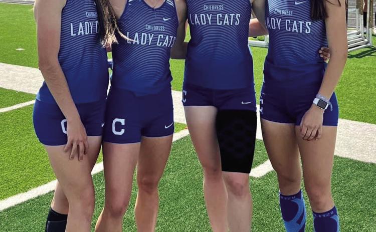 The Childress Lady Cat 4x400 team, including Hailey Holder, Kate Taylor, Chloe Carroll and Chloe Churchill, break a schoolrecord time with a first-place 4:03 run Friday, April 21 at the Bushland Regional Qualifiers Invitational. Courtesy Photo