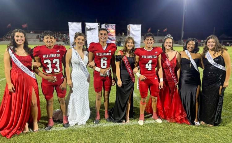 Presented during halftime at the Skyrockets versus Friona Chieftains football game, Wellington High School’s reigning 2025 homecoming royalty includes second runners-up Brynlee Proffitt and Joey Orozco, left, first runners-up Treylea Wiebe and Major Brown and Football Queen and King Bryn Phillips and Noah Cantu. Reigning Rocket Regiment royalty includes queen Bailey Steagall, first runner-up Jasmin Moreno and second runner-up Eryn Torrez. See additional photos, page 4B. Wellington High School