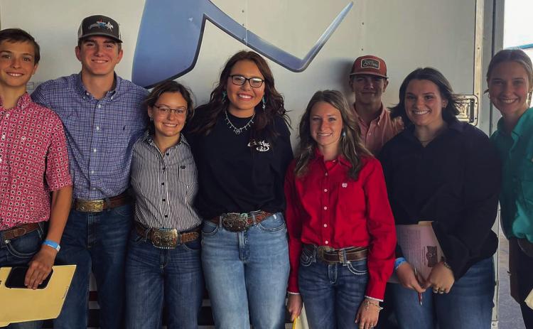 Childress FFA members, including Austin Bradley, Jett Teague, Maddi Bryant, Karen Hill, Kady Belle McInturf, Riggen Brents, Kaidance Hackler and Shadin Zuber, compete at their first Livestock Judging Contest of the season at the 2022 Tri-State Fair and Rodeo in Amarillo Friday, Sept. 23. Photo Courtesy of Childress FFA