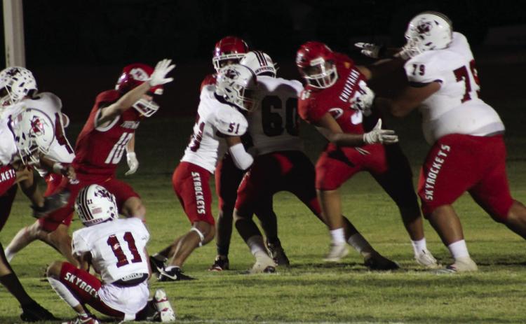 Wellington’s offensive line, including TJ Salinas (11), Major Brown (6), Noah Cantu (4), Kingston Molina (51), RJ Granadoz (60), Nick Nevarez (79) and Caleb Strickland (8), hold Friona to only one touchdown Friday night, Sept. 13 for the 42-7 win. The Red River Sun/Shauna Salinas