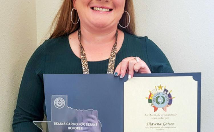 Texas Department of Transportation (TxDOT) ChildressDistrictMaintenance Support Tech Shawna Geiser is a 2023 Texans Caring for Texans award recipient. Geiser was recognized for making sure families who are unable to travel during the Thanksgiving holiday have a traditional Thanksgiving meal.