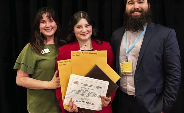 National Vice President of Public Relations Kimi Ward, a Childress High School (CHS) Family, Career and Community Leaders of America (FCCLA) chapter member, is awarded the C.J. Davidson Scholarship, Texas Farm Bureau Scholarship and Texas FCCLA Regional Scholarship at the Special Recognition Session at the recent State Leadership Conference in Dallas. Ward, center, is joined by CHS FCCLA Advisors Amy Detwiler, left, and Jeffrey Collins, right. Childress FCCLA