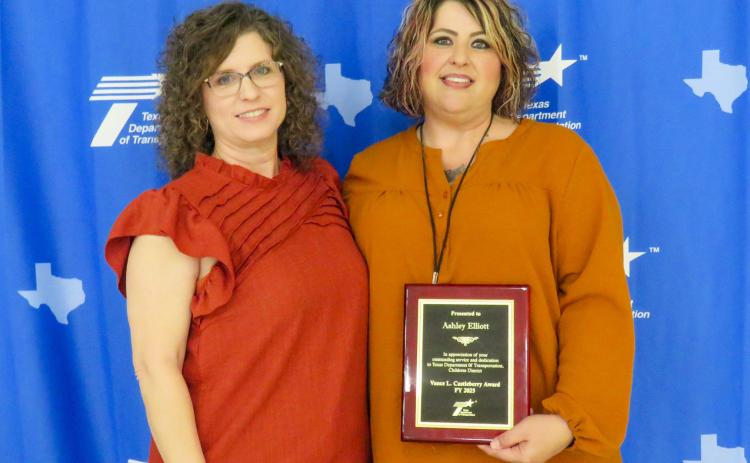 Ashley Elliott, Construction Recordkeeper at the Childress Area Office, is presented with the Vance L. “Huck” Castleberry award. Elliott, right, began her career at TxDOT in 2020 as an HR Generalist, a role she served in until her relocation to the Childress Area Office in 2024. Texas Department of Transportation