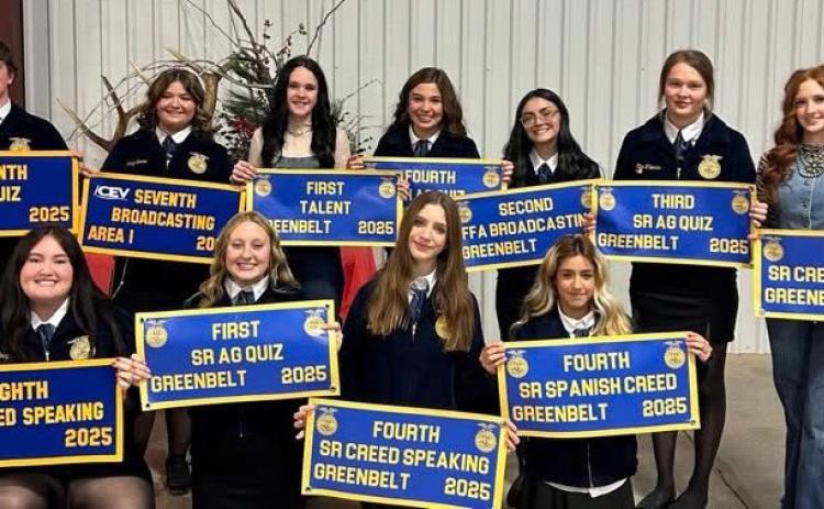 On Monday, Dec. 8, members of Wellington Future Farmers of America (FFA) traveled to Clarendon to attend the Greenbelt District Banquet. Accompanied by Advisor Drew Taylor, the students proudly received their banners from the Leadership Development Events (LDE) contests held in November. Front row, from left: Audrey Bowen, Allie Duncan, Anna Henard, Jazmyn Garcia. Back row, from left: Hunter Hedrick, Jacy Lampe, Kenady Skelton, Brylnn Kemp, Sophia Derr, Ellie Thomas, Bailey Page. Wellington High School