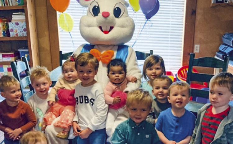 In operation since 1986, DeeDee’s Daycare kids receive a visit last week from the Easter Bunny. From left: Willie Pickard, Luke Lemons, Blakely Bell, Calum and Libby Needham, Nakiyah Basset, McKrae and Bex Byers, Rhett Needham, Cory Henard, Westley Owen. Courtesy Photo