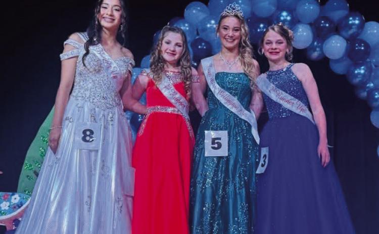 Teen Miss Wellington 2025 Ava Kate Inman, second from right, gathers with third runnerup Hazel Estrada, left, first runner-up Evey Henard and second runner-up Halle Hedrick. Wellington High School Booster Scholarship Pageant