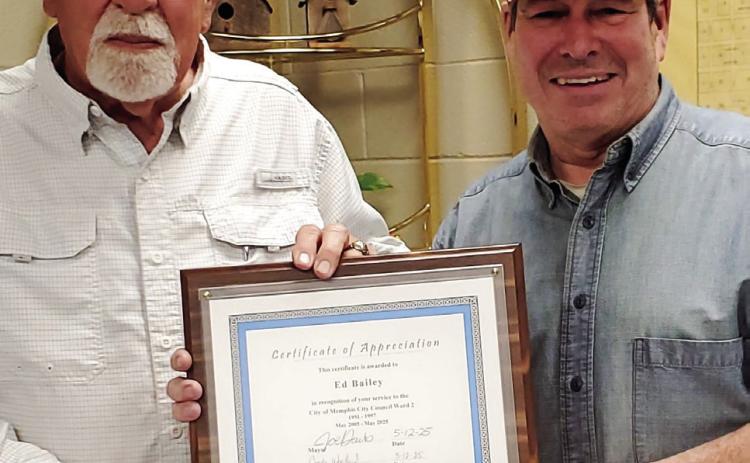 Memphis Mayor Joe Davis, along with the City of Memphis City Council, thanks former Ward 2 Councilman Ed Bailey for 26 years of service. Bailey, who chose not to run for reelection in the recent Saturday, May 3 General Election, served on the City of Memphis City Council from 19911997 and 2005-2025. Courtesy Photo