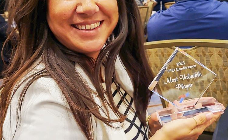 Texas Department of Transportation (TxDOT) Childress District Planner Annabel Juardo is named the Most Valuable Player at the 2023 Transportation Project Delivery Conference. Photo Courtesy of TxDOT Childress District
