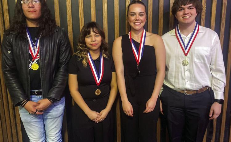 Memphis High School One Act Play performers earn accolades in the bi-district round, held Wednesday, March 27 in Wellington. Despite not advancing, Julian Ross received All-Star Cast, Angelica Trevino received Best Technical, Macaela Graham received Honorable Mention All-Star Cast and Chance Richardson received Honorable Mention Cast with the performance of “The Girl In The White Pinafore.” Photo Courtesy of Memphis ISD