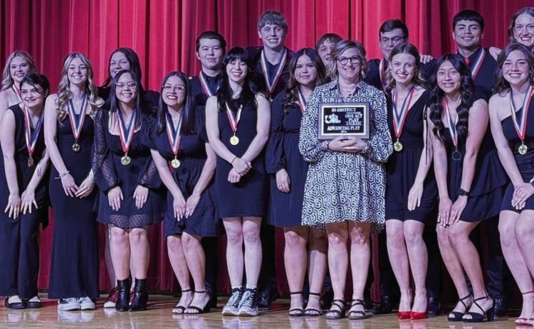 “All My Sons” One Act Play cast and crew accept bi-district championship honors Wednesday afternoon, March 27 in the Wellington High School auditorium. Front row, from left: Damiana Peters, Jaci Porter, Anna Granadoz, Ava Garcia, Addy Mock, Cecilia Granadoz, Lana Tillman, Summer Owens, Leslie Orozco, Treylea Wiebe, Brianna Aguero. Back row, from left: Israel Acosta, Blaire Forrester, Rylyn Colson, Brandon Cooper, Kaseten Welch, Jackson Jones, Caleb Strickland, Miguel Rincon, Audrey Jones. Courtesy Photo