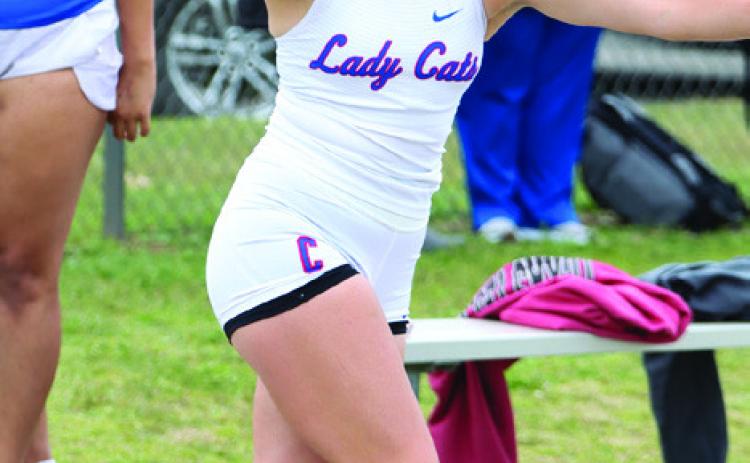 Childress’ Taylor Wiseman takes a first-place throw in shot put during the Bobcat Relays Thursday, March 21 in Childress. Childress High School Yearbook Staff/ Kaylie Oronia