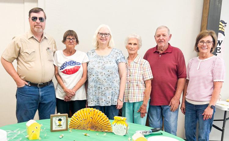 Jeff Pastor, Glenda Anglin, Karon Sain, Beverly Ray, Kenneth Patterson and Linda Duke serve as guests of honor at the recent Wellington Senior Citizens Center May birthday celebration. Following the traditional meal of chicken fried steak, mashed potatoes and gravy, mixed vegetables and tropical fruit, all enjoyed festive birthday cake and ice cream. Not pictured: Annette Bergstrom, Rachel Downing, Barbara Roberson, Marie White. WELLINGTON SENIOR CITIZENS CENTER