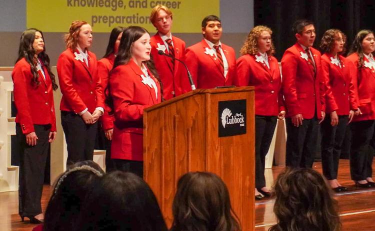 Texas Family, Career and Community Leaders of America (FCCLA) Region 1 President Kimi Ward, of Childress, along with the Region 1 Officer Team, hosts the Welcome and Awards Sessions at the FCCLA Region 1 Leadership Conference in Lubbock. Photos Courtesy of Childress FCCLA