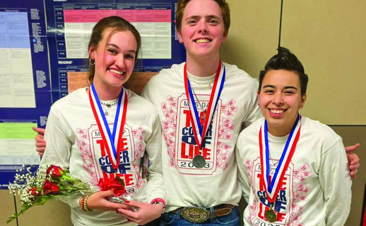 Memphis High School One Act Play seniors Maggie Cook, left, Carson Smith and Corrina Torres receive awards at the recent One Act Play District 2-AA competition Thursday, March 2 in Wellington. Cook was named to the All-Star Cast, while Smith was named to the Honorable Mention All-Star Cast, and Torres was named to the Outstanding Tech Crew. Photo Courtesy of Memphis ISD