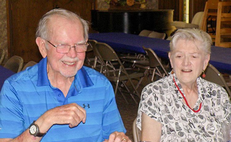 Joe and Natalie Steele were guests at the July monthly Fellowship Luncheon at Childress Methodist Church. Joe Steele, a retired anesthesiologist from Childress Regional Medical Center, described his services as a member of the U.S. Army Nurses Corps, showing photographs and certificates from the corps. Attending the luncheon were Alyiah Grace Arellano, Anne Fromm, Christina Rojas Garza, Regina Henley, Grace Holman, Lila Hoobler and Dianne Philliips. COURTESY PHOTO / GRACE HOLMAN