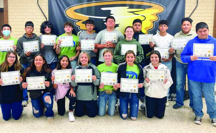 Memphis High School freshman receive certificates for their participation at the recent Area 1 Greenhand Leadership Conference Tuesday, Sept. 20 at the West Texas A&amp;M University Ag Complex in Canyon. At the conference, students partook in workshops and general sessions, which introduced them to the benefits and opportunities within the FFA organization. Photo Courtesy of Memphis ISD