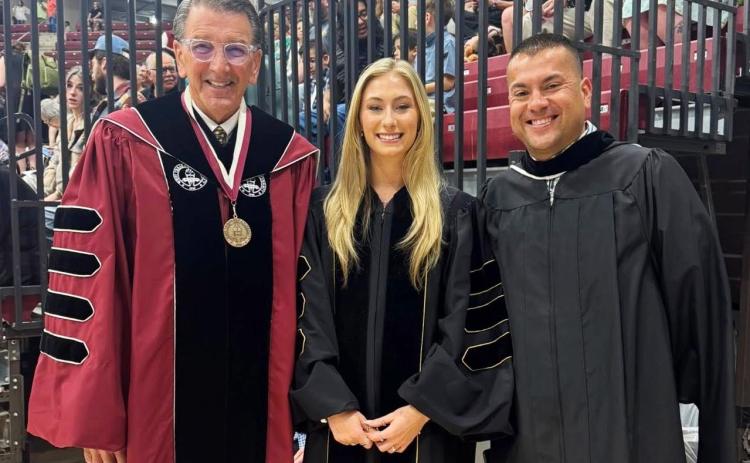 West Texas A&amp;M University President Dr. Walter V. Wendler, left, Student Body President Kyal Browne and Wellington High School Principal Jermaine Cantu pause for a photo prior to the West Texas A&amp;M University graduation ceremonies, where Cantu delivered the Alumni Charge at all four graduation proceedings. West Texas A&amp;M University
