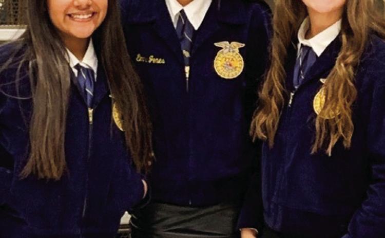 Freshmen Jasmin Moreno, left, Sabrina Segovia and Heather Peters represent Wellington FFA at the recent Area 1 Leadership Development Events (LDEs) held on the campus of West Texas A&amp;M University in Canyon. Coached by Advisor Drew Taylor, Moreno placed fifth in Jr. Spanish Creed speaking while Segovia placed sixth. Peters placed ninth in Jr. Creed Speaking. Photo Courtesy of Wellington High School