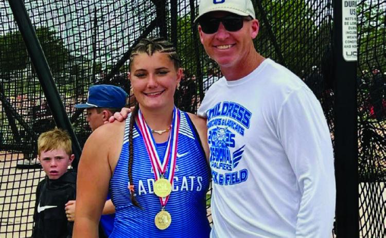 Childress’ Taylor Wiseman secures two regional championships, advancing to the 2025 UIL State Track and Field Championships in discus and shot put. Courtesy Photo
